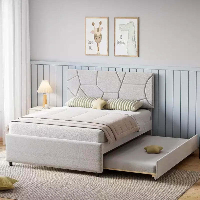 Acekool Upholstered Trundle Bed - Twin/Full Platform Frame with Pull-Out & Headboard