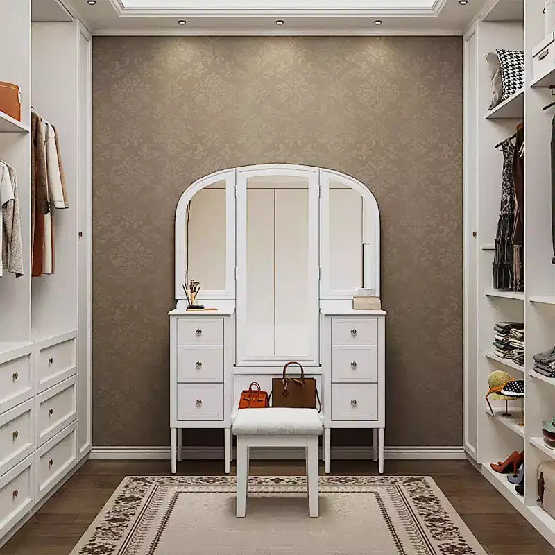 Makeup Vanity Desk with Triple Mirror, Vanity Table Dressing Table Set with Padded Stool & 6 Drawers, White - ModernLuxe