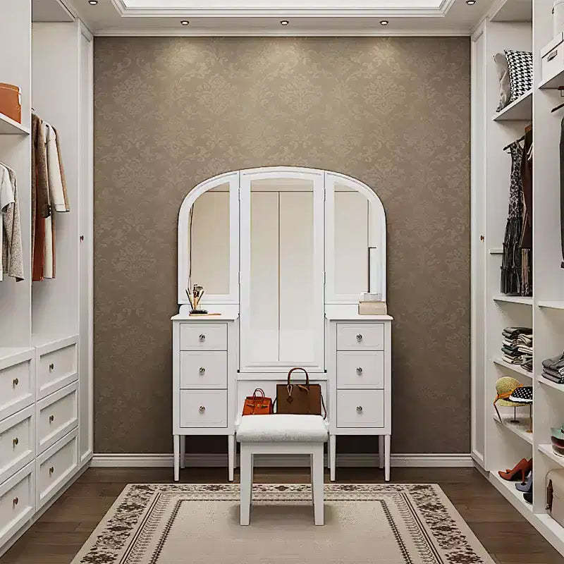 Makeup Vanity Desk with Triple Mirror, Vanity Table Dressing Table Set with Padded Stool & 6 Drawers, White - ModernLuxe