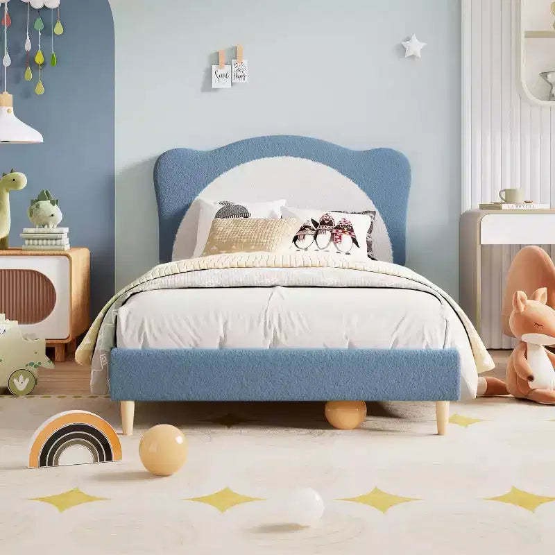 Acekool Twin Size Boucle Upholstered Bed Frame, Soft Headboard, Platform Slat Support, No Box Spring Needed, Quiet Kids Bed, Easy Assembly, Grey White