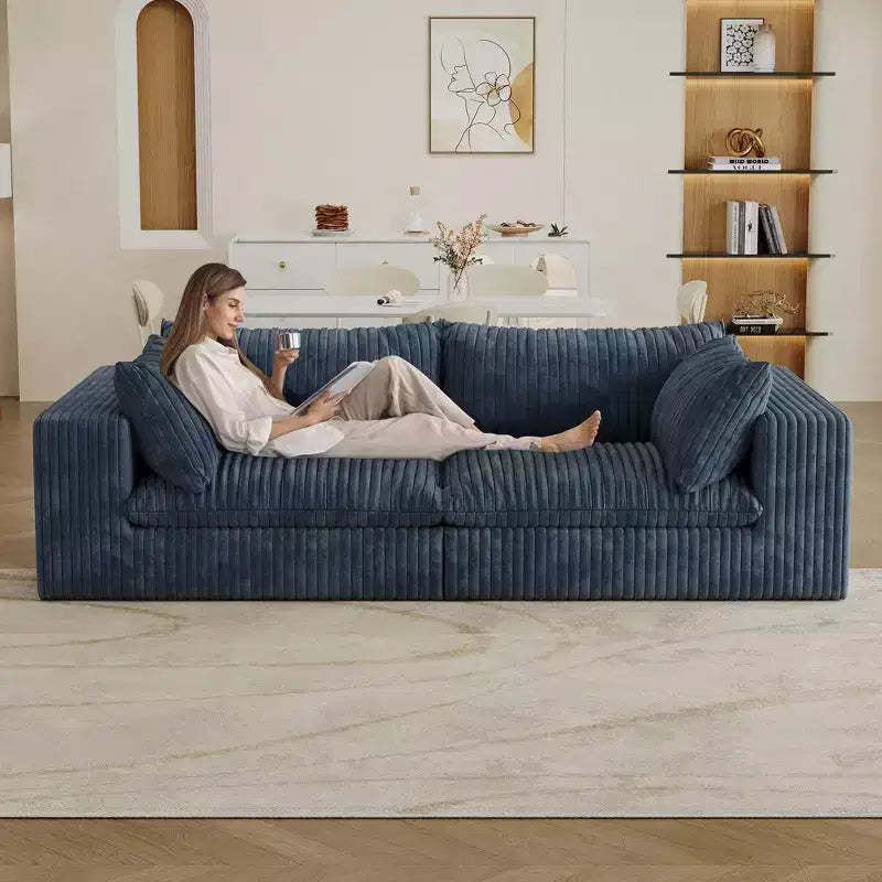 78.8 Blue Corduroy Fabric Deep Seat Couches Cloud Sofa for Living room Double-layer design Removable Cushion