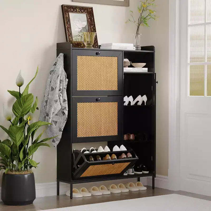 CuisinSmart 3 Tier Free Standing Shoe Cabinet with Natural Rattan, Shoe Organizer with Adjustable Shelves, Narrow Shoe Rack for Hallway, Black