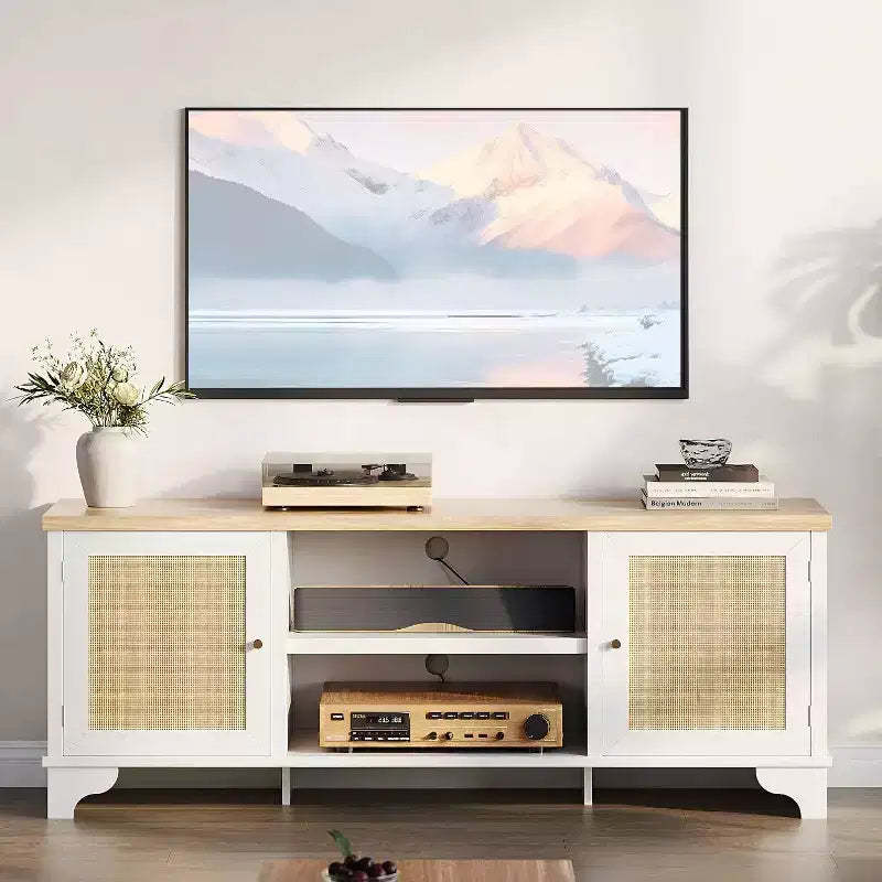 70 Rattan TV Stand with 2 Cabinets & Shelf, Boho Media Console Table for Apartment or Living Room, Black Finish