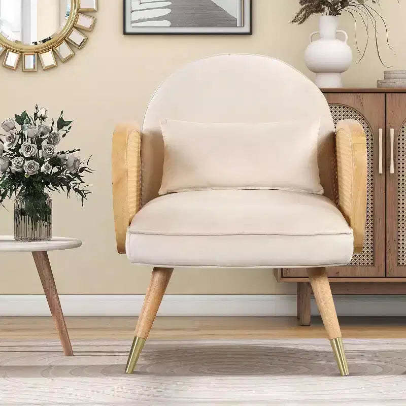 Acekool Modern Dining Chairs, Upholstered Seat with Rattan Armrests, Metal Legs, Accent Armchair for Dining Room Living Room Office, Yellow, Set of 2