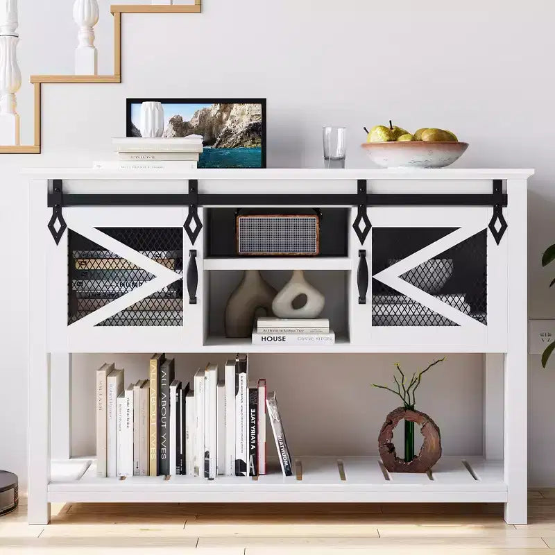 Farmhouse Entryway Table with Sliding Barn Doors, Sofa Table with Storage and Open Shelf, Console Tables for Entryway, Hallway, White