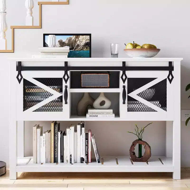 Farmhouse Entryway Table with Sliding Barn Doors, Sofa Table with Storage and Open Shelf, Console Tables for Entryway, Hallway, White