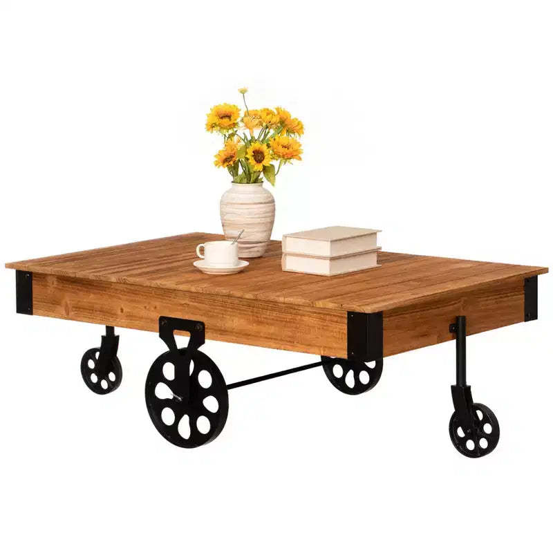 Vintiquewise Large Rustic Vintage Industrial Wooden Coffee Table with Detailed Wood Grain Metal Accents and Black Cast Iron Cart Wheels