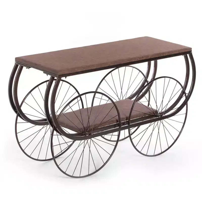 Vintiquewise Industrial Wagon Style Console Table Rustic Wood Top Large Spoke Metal Wheels & Lower Storage Shelf Vintage Accent Display Table
