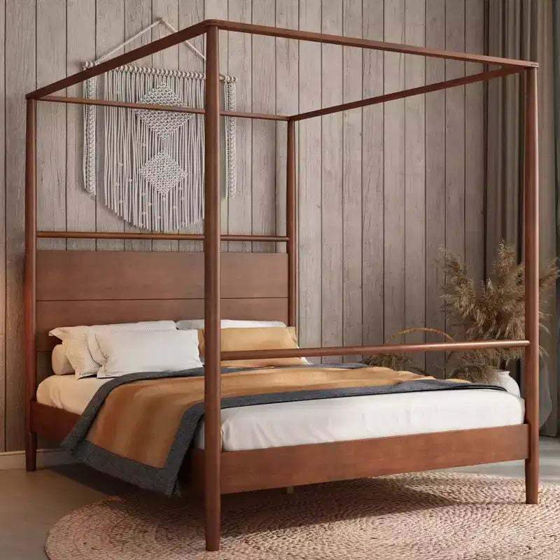 Merax Modern Rustic Solid Wood Canopy Bed Frame with Built-in Headboard