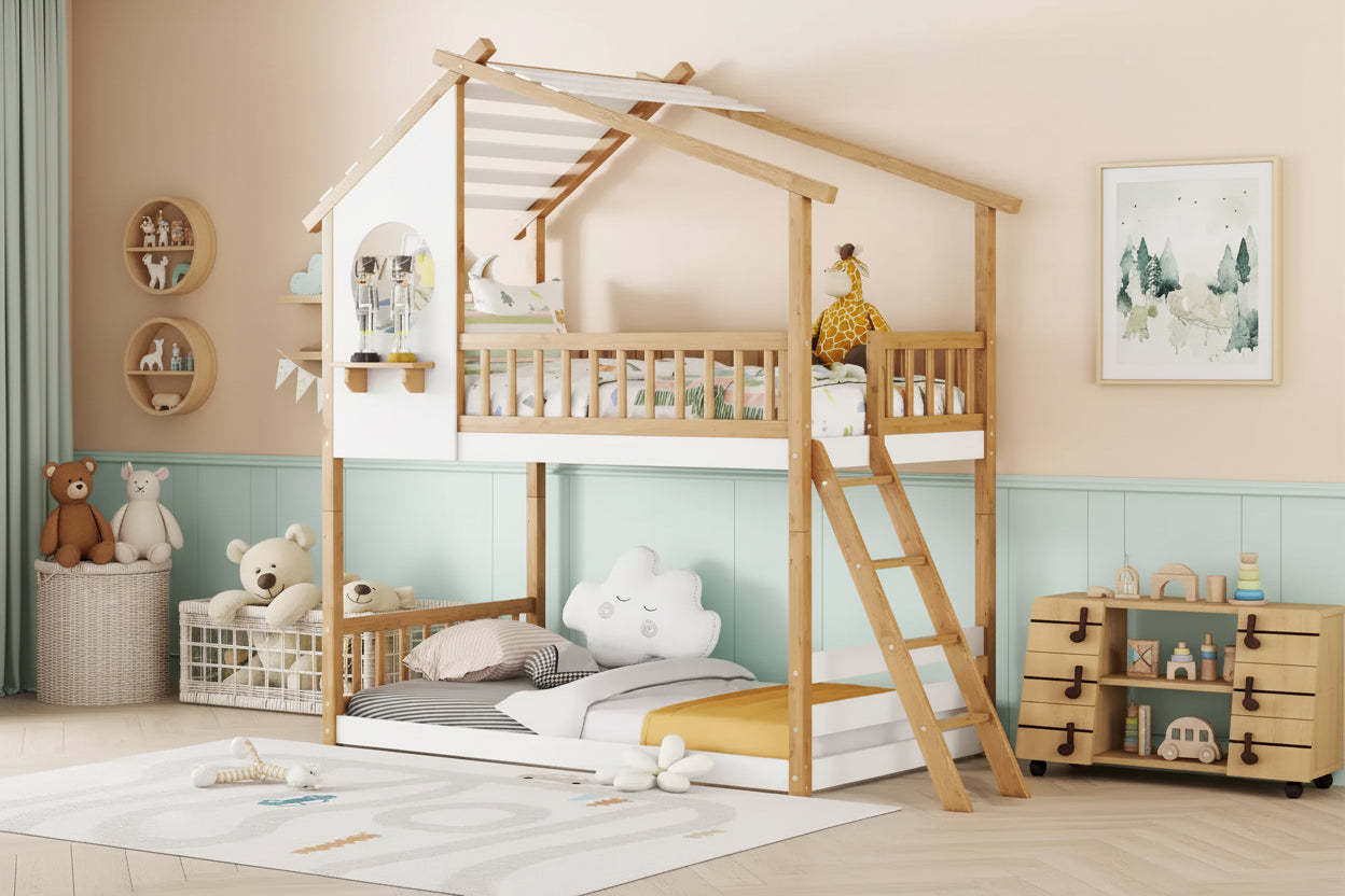 Wood Twin Over Twin Bunk Bed, House Bed with Roof and Window, Montessori Floor Bunk Bed Frame, Natural