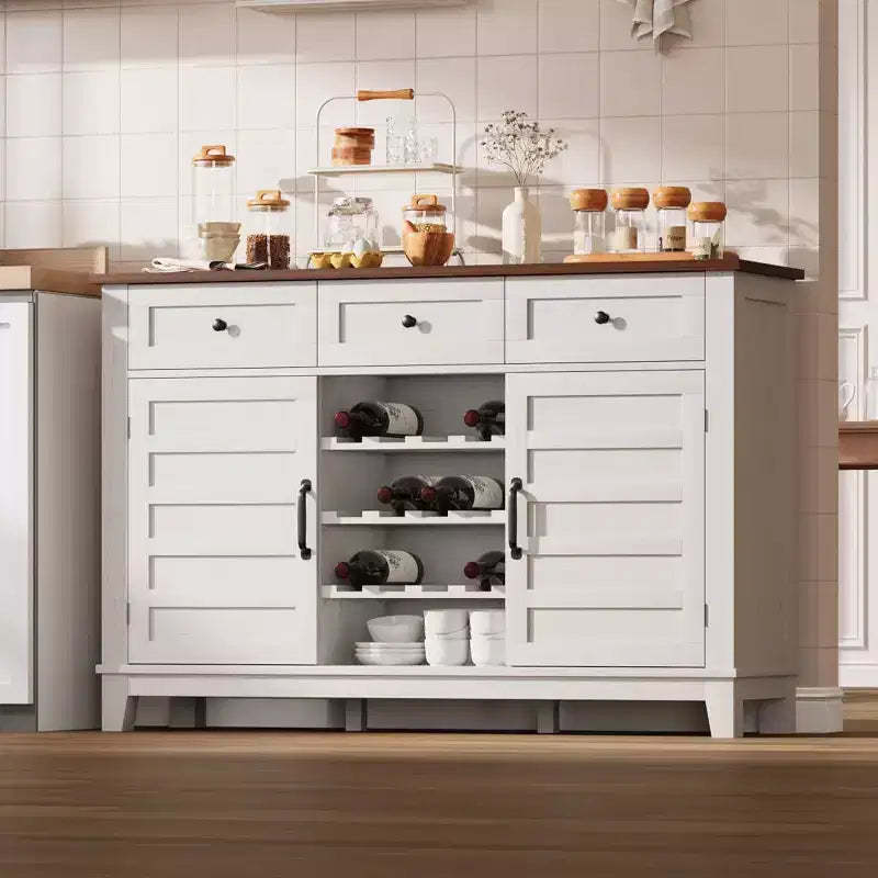 53.5'' Farmhouse Buffet Cabinet with Storage, 36'' Tall Rustic Wood Sideboard Featuring 3 Drawers, Reversible Wine Rack and Adjustable Shelf