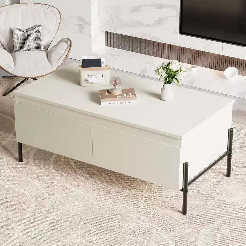 GustoWave Modern Coffee Table, Center Table with Drawers & Back Open Shelf for Living Room, Office, Bedroom, White
