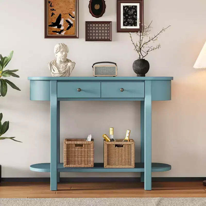 MAYEERTY Retro Console Table with Curved Design and Smooth Glaze for Entryways Living Room Hallways Turquoise Green