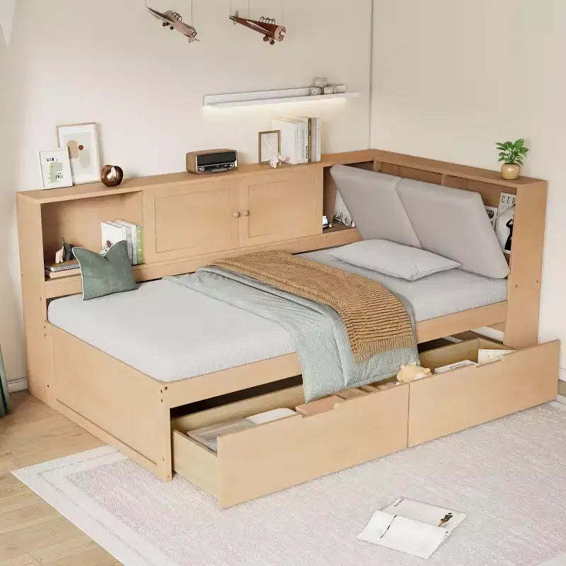Merax Wooden L-Shaped Daybed with Upholstered Storage Headboard, USB Charging Ports & Storage Bookcase