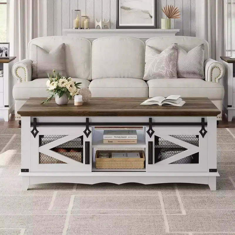 GustoWave 48 Farmhouse Coffee Table, Rectangular Center Table with Sliding Doors & Adjustable Shelves for Living Room, White/Walnut