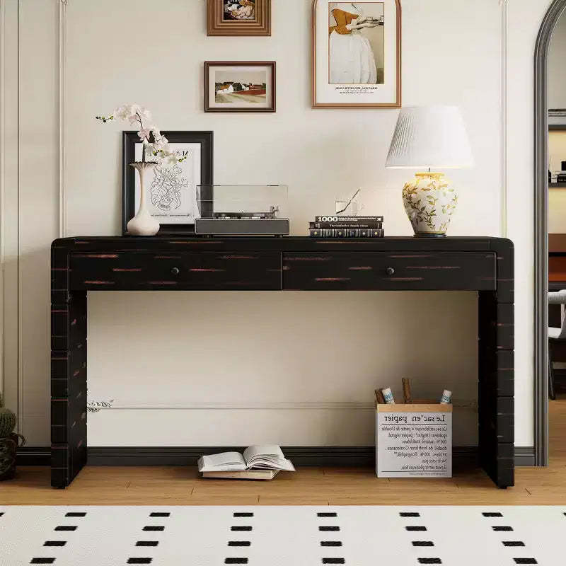 MAYEERTY Curved Console Table with Storage 2 Drawers Rustic Console Tables for Entryway Hallway Black