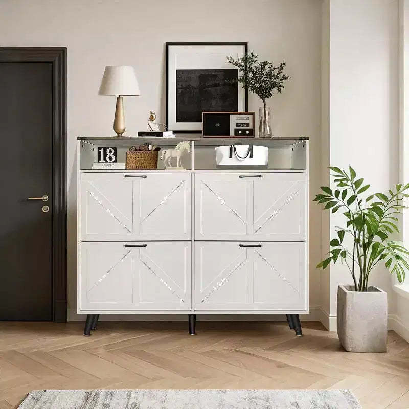Shoe Cabinet with 4 Flip Drawers, Slim Freestanding Shoe Organizer with Metal Legs, Narrow Entryway Storage Cabinet, White