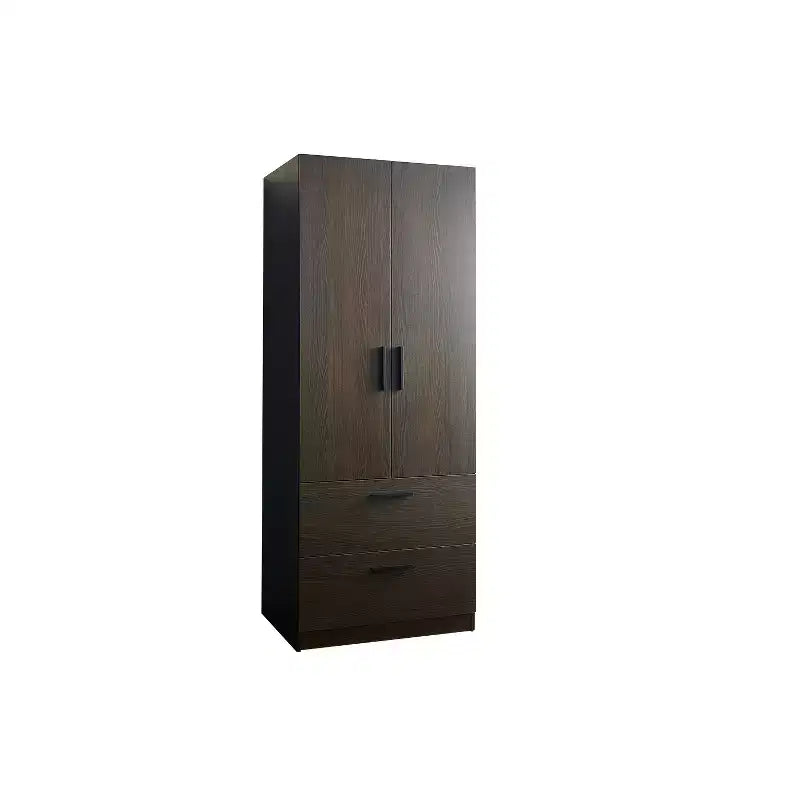 HomeStock Brook Two-Door Wood Closet with Two Drawers and Hanging Bars in Dark Brown
