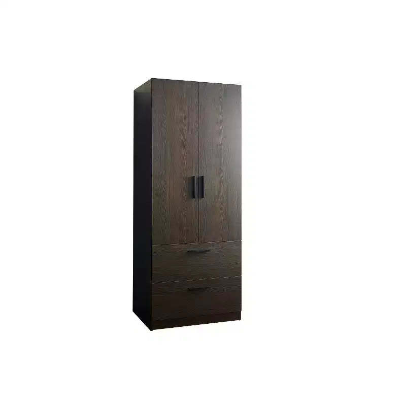 HomeStock Brook Two-Door Wood Closet with Two Drawers and Hanging Bars in Dark Brown