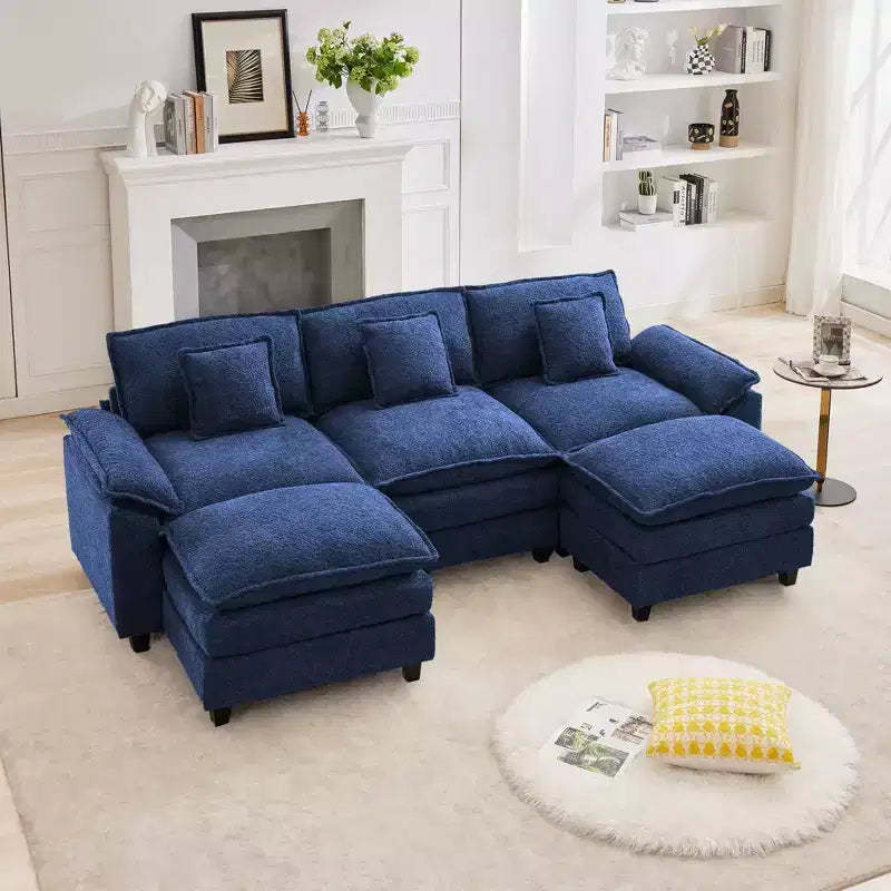 Likepay 105.9 in. Chenille Fabric 5 seat Sectional Sofa with 2 Ottomans in Dark Blue