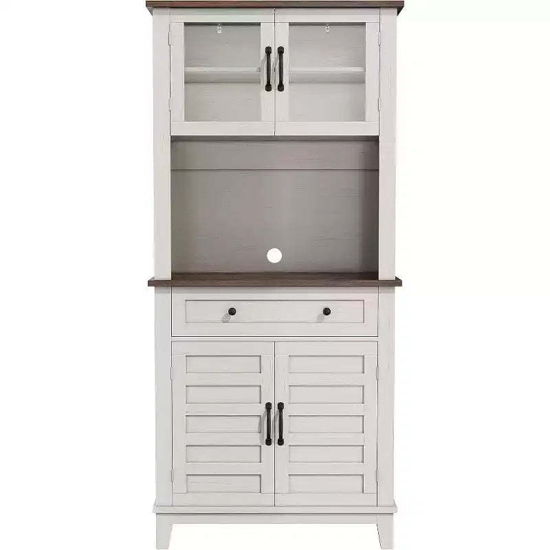 72 Tall Farmhouse Pantry Cabinet with Doors and Drawer, Adjustable Shelves Storage Hutch, Freestanding Kitchen Coffee Bar, White+Brown