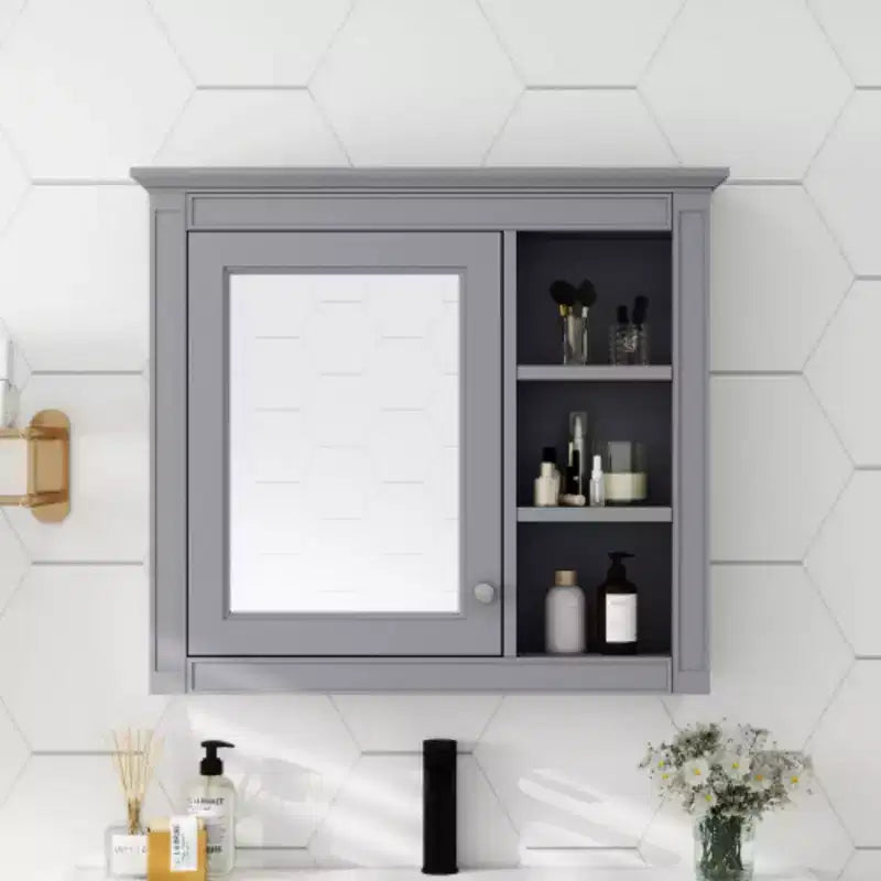 30x28 inch Gray Wall Mounted Bathroom Storage Medicine Cabinet with Mirror and 3 Open Shelves