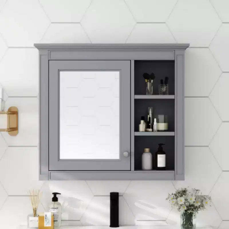 30x28 inch Gray Wall Mounted Bathroom Storage Medicine Cabinet with Mirror and 3 Open Shelves