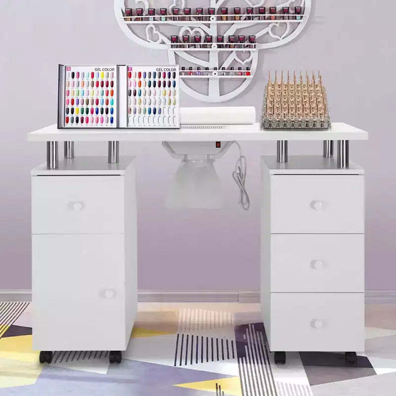 Karlhome 42.5 in. White MDF 3-Drawer Manicure Table Nail Desk with Storage, Doors, Electric Dust Collector