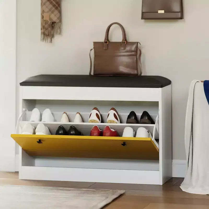 Shoe Storage Bench, 31.5'' Shoe Organizer Bench with Flip Drawer & PU Cushion, Modern Entryway Shoe Cabinet