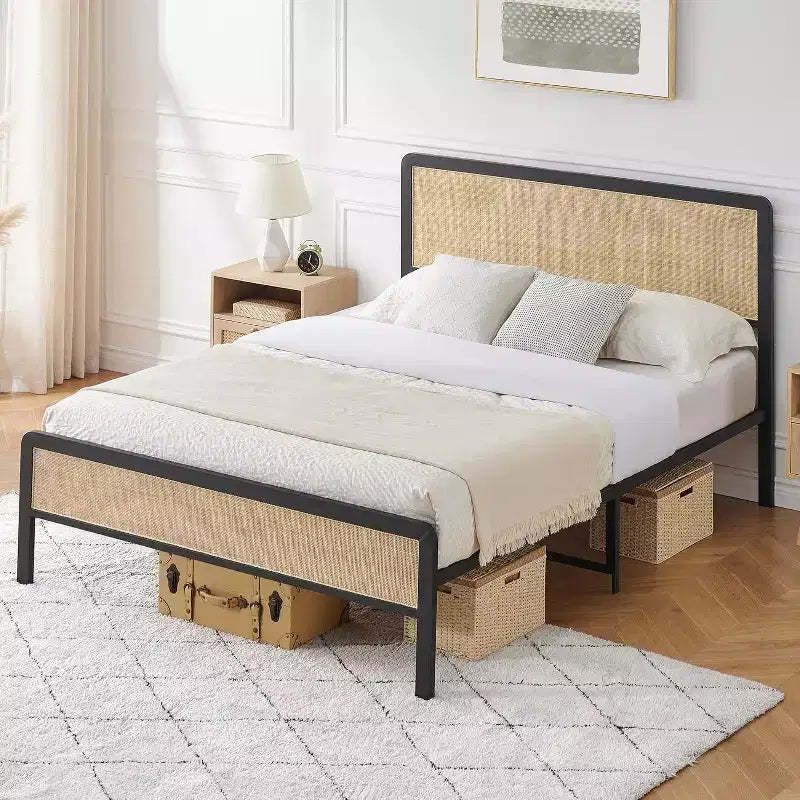 Full Size Bed Frame with Rattan Headboard, Metal Slats Support, Rounded Corners, Noise-Free, No Box Spring, White Oak