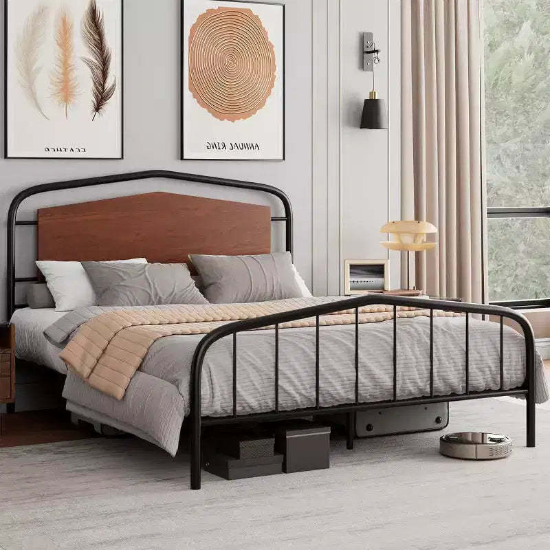 Queen Size Bed Frame, Heavy Duty Metal Platform, Wooden Headboard and Footboard, Large Under Bed Storage, Noise Free, No Box Spring Needed, Walnut
