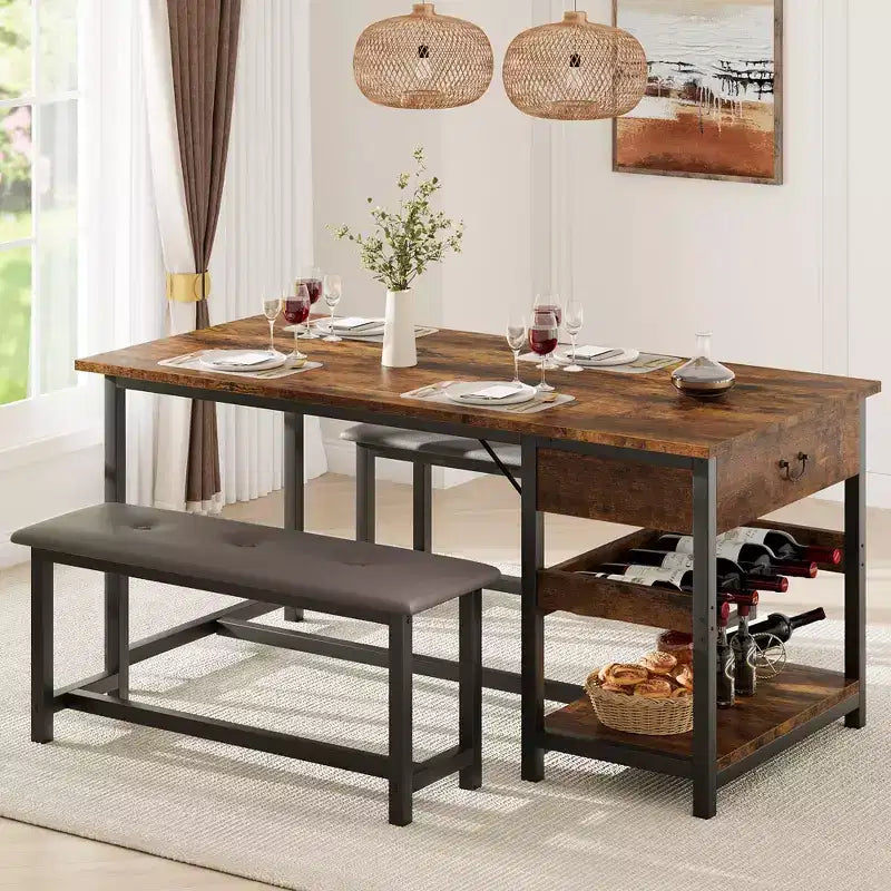 Dining Table Set for 4, Dining Room Table with Storage Drawers & Wine Rack, Kitchen Dining Table Set with Upholstered Benches for Dining Room