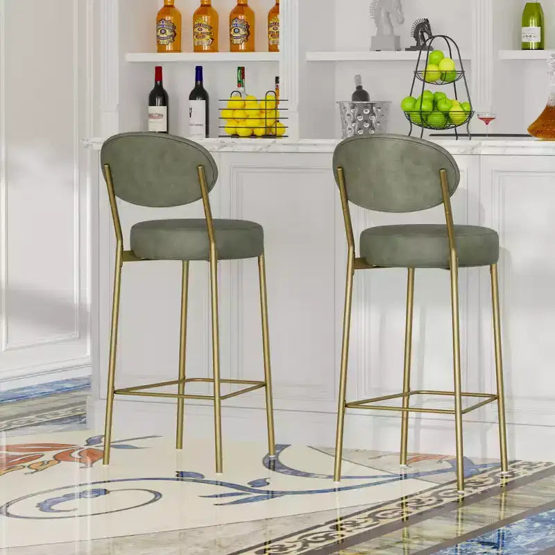 MAYEERTY Set of 2 29in Upholstered Bar Stools Faux Leather Counter Dining Stools With Golden Legs Modern Round Chairs Green for Kitchen