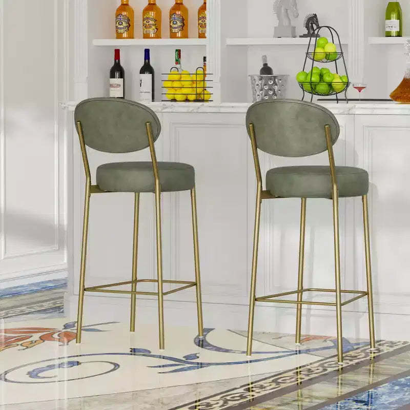 MAYEERTY Set of 2 29in Upholstered Bar Stools Faux Leather Counter Dining Stools With Golden Legs Modern Round Chairs Green for Kitchen