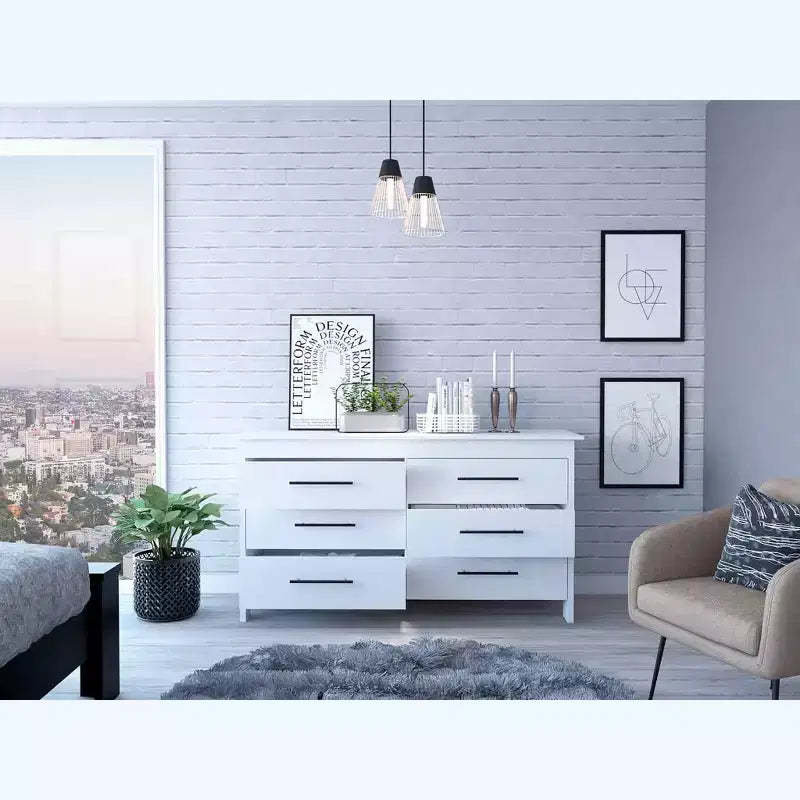 Okak Modern Rectangle Bedroom Dresser with 6-Drawers & Black Metal Pulls, Ample Storage Chest Cabinet for Living Room Hallway Entryway