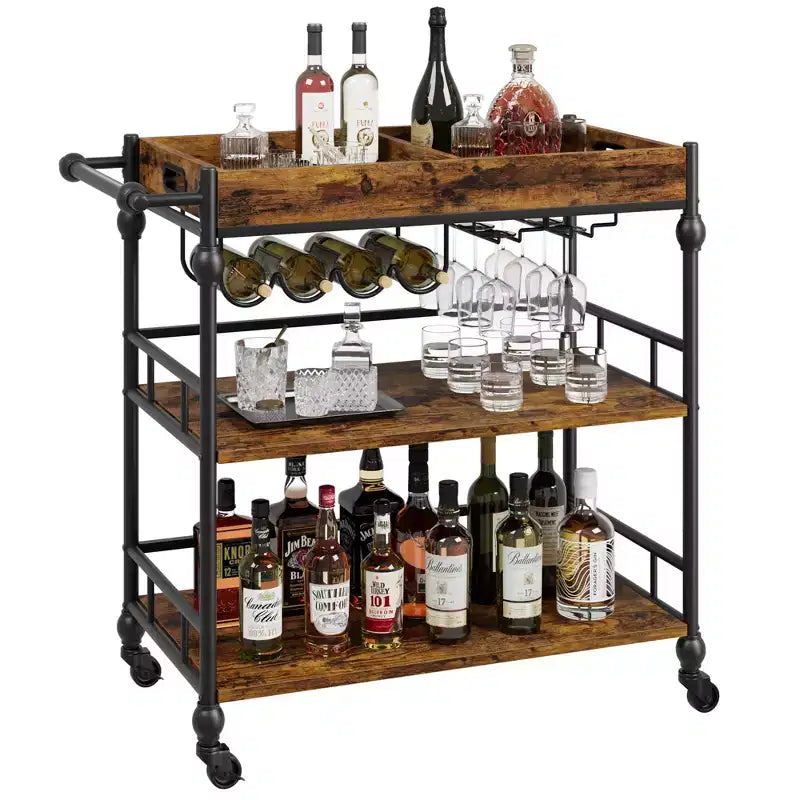 TROPOW Industrial Bar Cart with Wine Rack & Glass Holder - 4-Tier Retro Rolling Serving Cart
