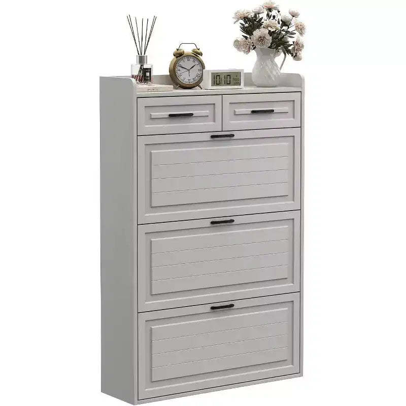 Shoe Cabinet with 3 Flip Drawers and 2 Storage Drawers, Narrow Space-Saving Shoe Organizer with Adjustable Shelves for Entryway, White