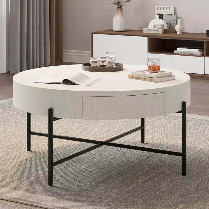 Circular coffee table,round table with drawers,easy to assemble wooden decorative center table,natural living room table