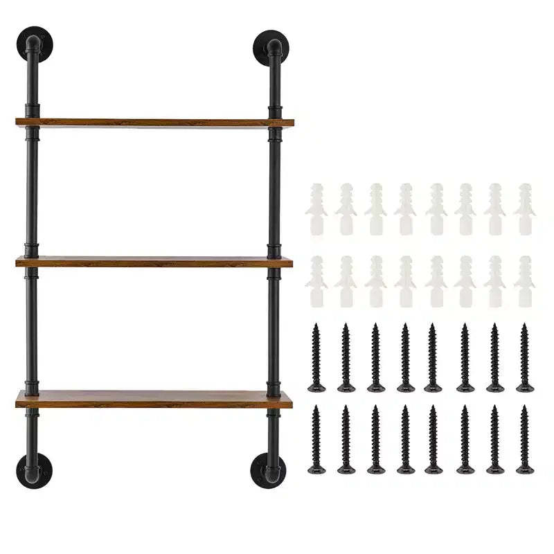 VEVOR Industrial Pipe Shelf, 3 Tier 24x7.87in, Wall-Mount Floating Rustic Wood Shelves Bracket Display Bookshelf, Storage Rack Sundries Holder,Black