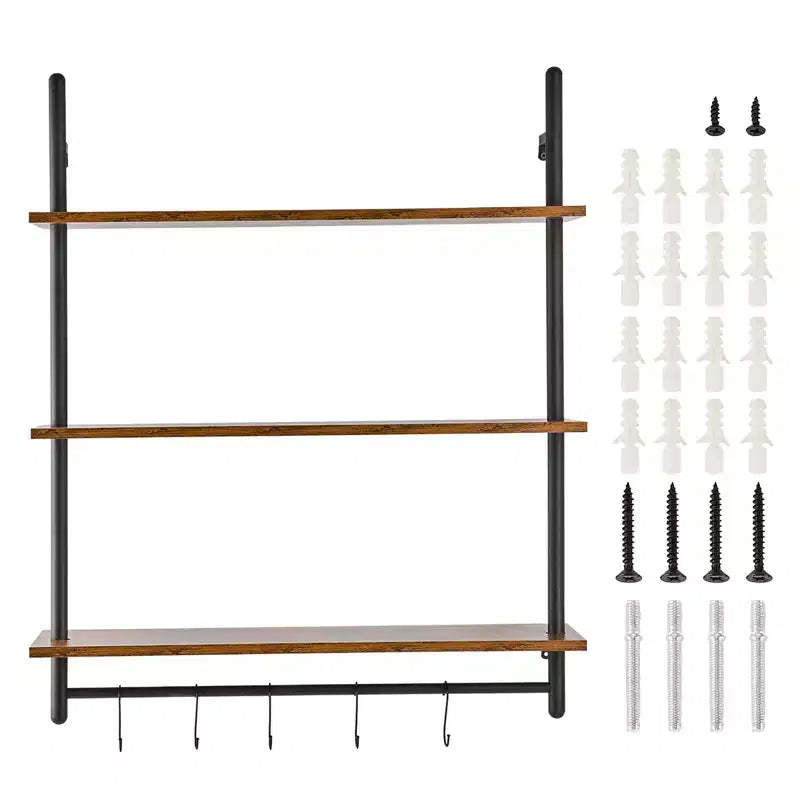 VEVOR Industrial Pipe Shelf, 3 Tier 32x9.84in, Wall-Mount Floating Rustic Wood Shelves Bracket Display Bookshelf,Storage Rack Sundries Holder, Black
