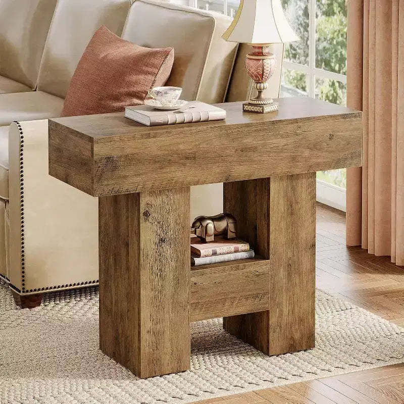 Lantine Narrow End Table, Farmhouse Sofa Side Table with 2-Tier Storage Shelf and Heavy Duty Base for Living Room