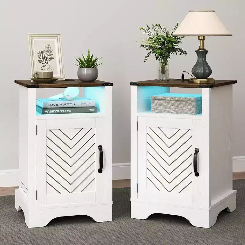RoyalCraft Farmhouse Nightstand, Wooden End Table Set with LED Lights and Charging Station for Bedrooms or Home Offices, Set of 2, Antique White