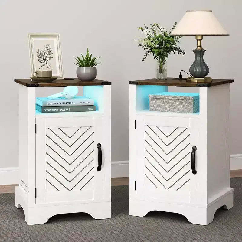RoyalCraft Farmhouse Nightstand, Wooden End Table Set with LED Lights and Charging Station for Bedrooms or Home Offices, Set of 2, Antique White