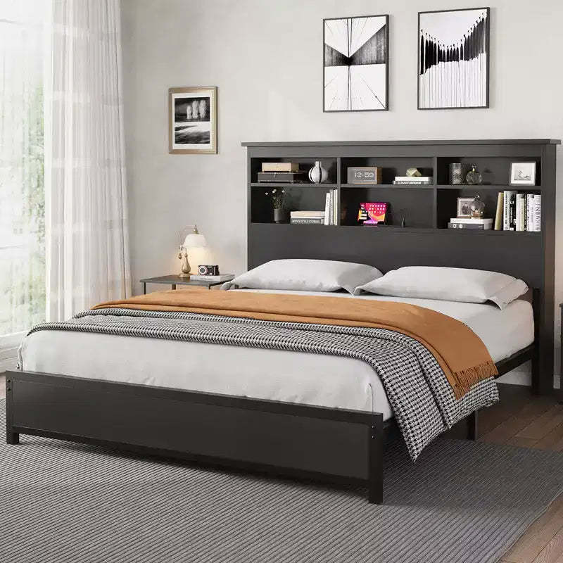 Full Size Bed Frame with Bookcase Headboard, Full Platform Bed with 2-tier Storage & Charging Station, No Box Spring Needed Easy AssembleBlack
