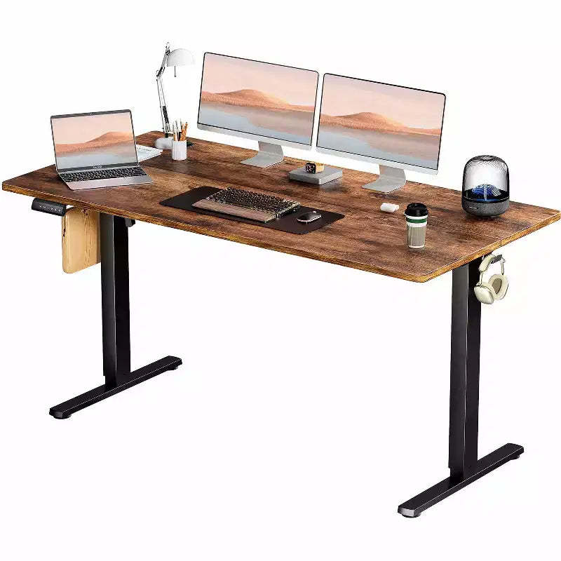 Ergonomic Height Adjustable Electric Standing Desk with T-Shaped Metal Frame and Memory Presets Modern Computer Workstation-62.90x23.60x46.40-Brown