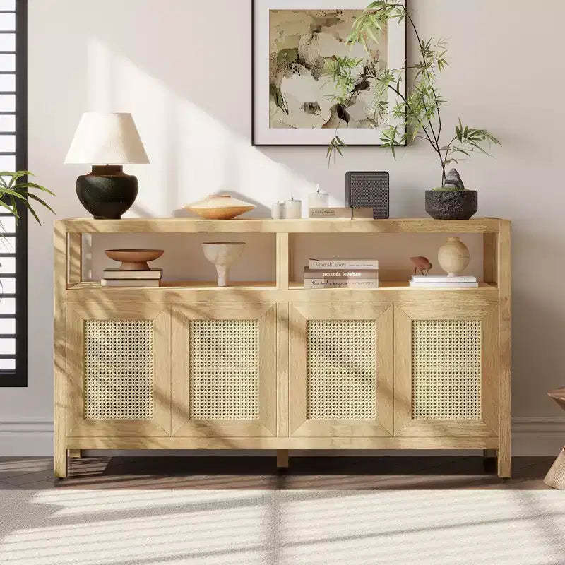 MAYEERTY Rattan Buffet Storage Cabinet with Solid Wood Frame 3 Position Adjuatable Shelves for Living Rooms Natural