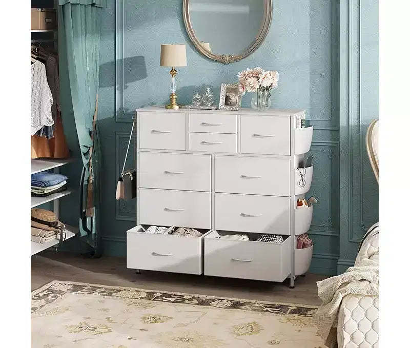 10-Drawer Storage Dresser with Side Pockets & Hooks for Bedroom, Living Room, Hallway, Closet, PU Finish, Sturdy Metal Frame, White