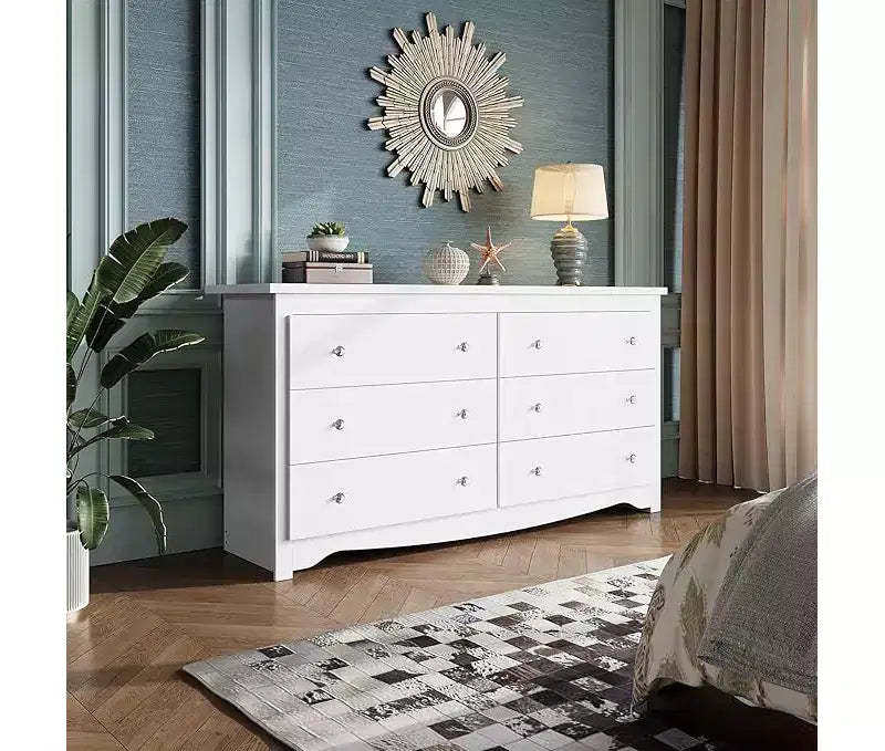 DEXYLLO 6 Drawers Modern Storage Dresser, Wide Wood Chest for Bedroom or Living Room, Long Nightstand Organizer Unit, 59inch White Cabinet