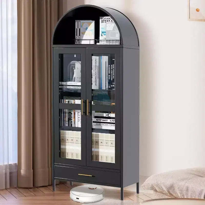 73 Arched Metal Storage Cabinet, 2 Adjustable Shelves & Drawers,Modern Farmhouse Display Bookshelf ,for Living/Dinning Room Black