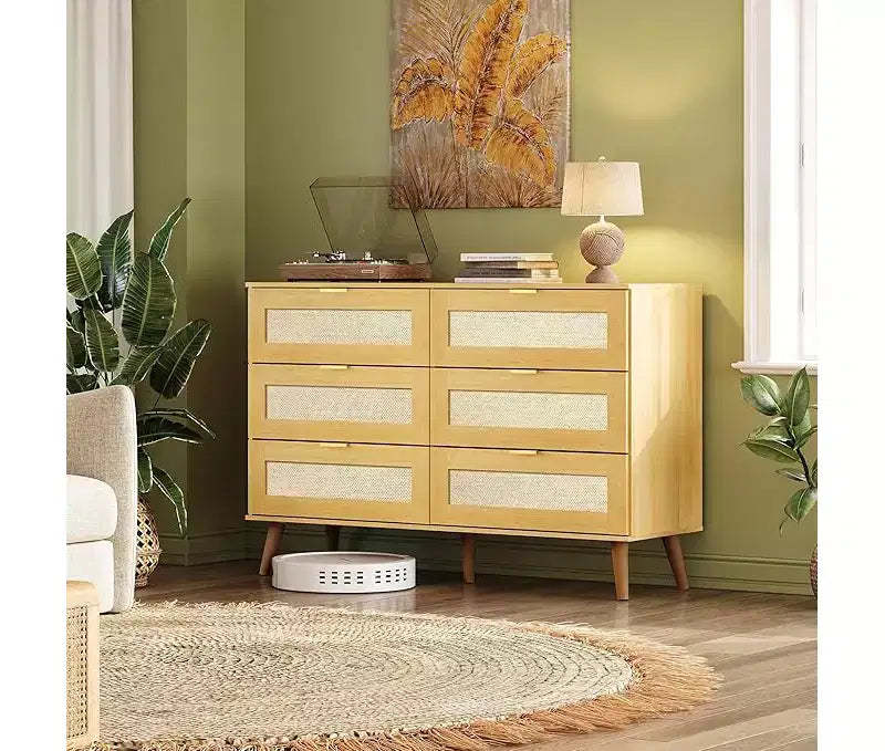 GALAXHERO Boho Rattan 6-Drawer Dresser  47.24'' Wide Storage Cabinet with Gold Handles, Fits 55'' TV, Ideal for Bedroom, Living Room,Light Oak